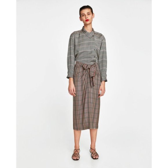 BNWT Zara Plaid Tie-Front Midi Skirt SIZE L - Picture 6 of 14